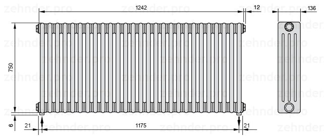 Схема (чертеж) Радиатор Zehnder Charleston 4075/27 №5310 Белый глянцевый RAL 9016